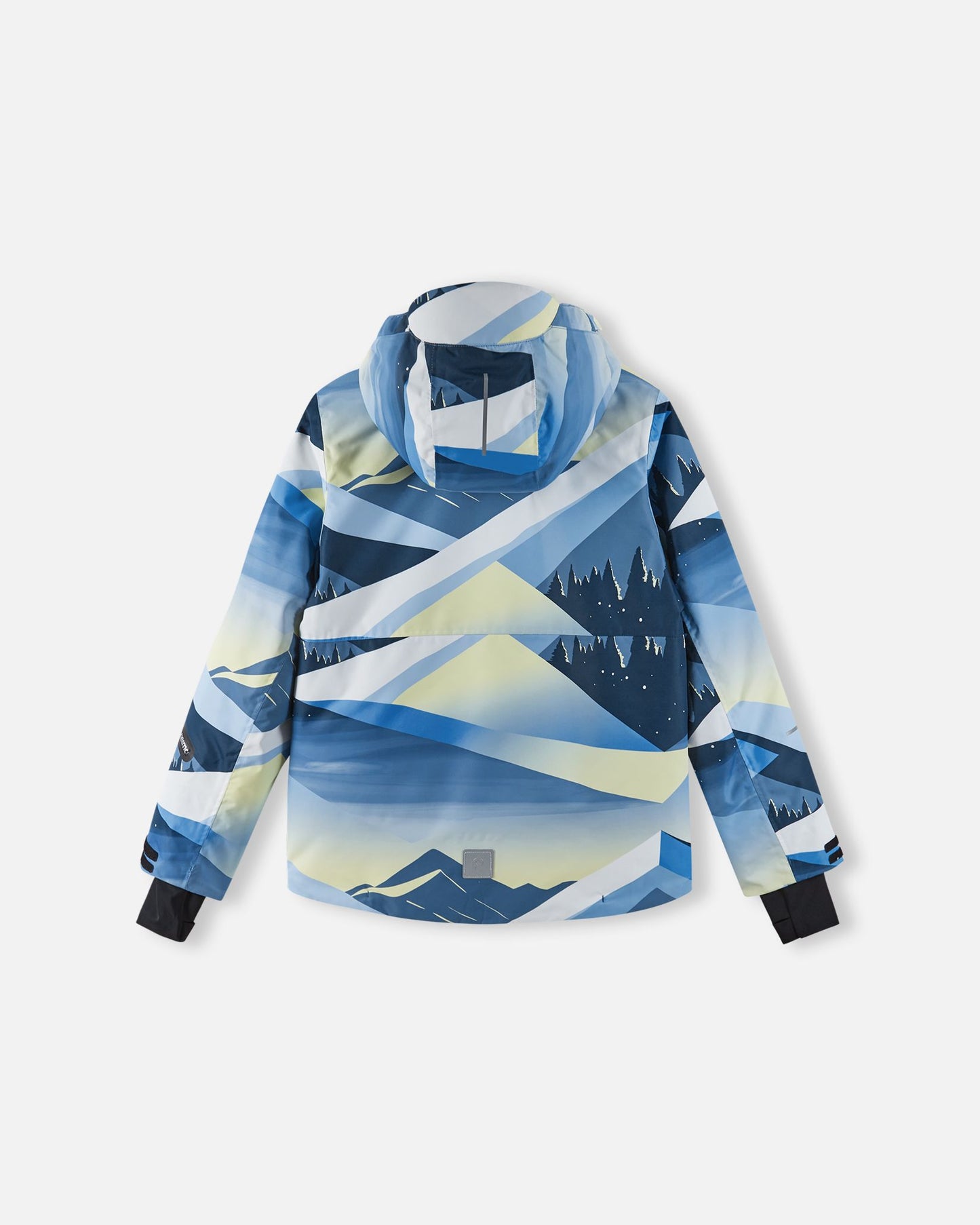 Back view of the ocean blue Reima Tirro kids' waterproof ski jacket, displaying the continuous mountain landscape pattern, adjustable velcro cuffs, and a reflective safety patch at the bottom hem.