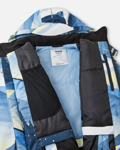 Inside view of the ocean blue Reima Tirro kids' waterproof ski jacket, showing the smooth winter lining, internal mesh goggle pocket, zippered chest pocket, and Reima name tag.