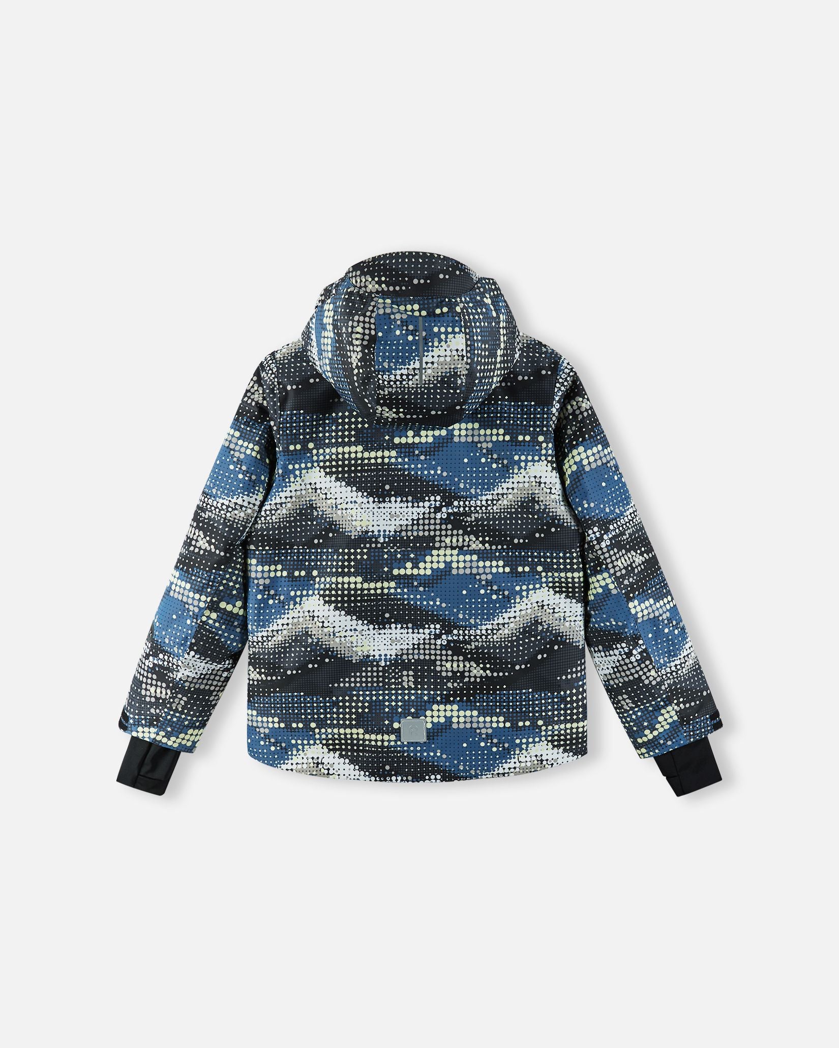 Back view of the soft black Reima Tirro kids' waterproof ski jacket, displaying the continuous digital dot print, protective hood, and a reflective safety patch at the lower hem.