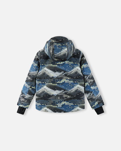 Back view of the soft black Reima Tirro kids' waterproof ski jacket, displaying the continuous digital dot print, protective hood, and a reflective safety patch at the lower hem.