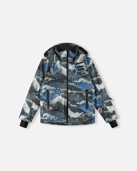 Front view of the soft black Reima Tirro kids' waterproof winter ski jacket, showcasing the striking digital dot pattern, sealed front zipper, and adjustable cuffs.