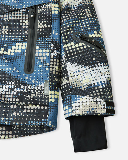 Close-up of the lower sleeve on the soft black Reima Tirro kids' ski jacket, highlighting the waterproof zippered ski pass pocket, adjustable velcro cuff, and inner lycra thumbhole cuff.