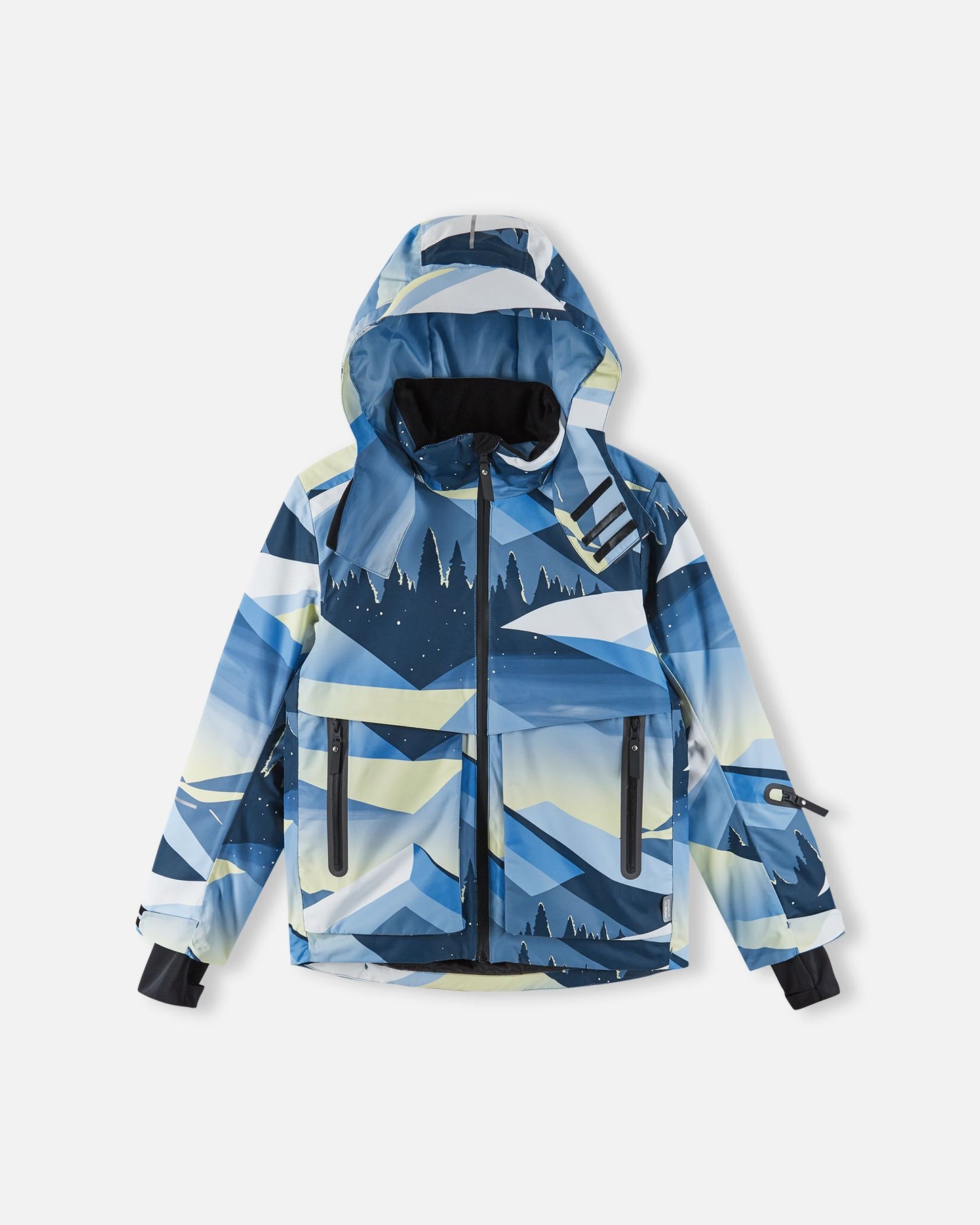 Front view of the ocean blue Reima Tirro kids' winter ski jacket, showcasing the adjustable, helmet-compatible hood and high windproof collar designed for maximum cold weather protection.