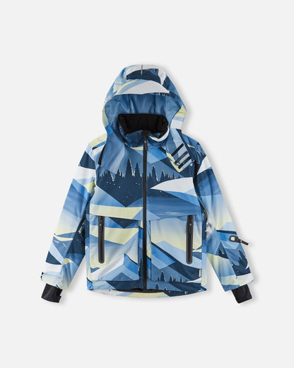 Front view of the ocean blue Reima Tirro kids' winter ski jacket, showcasing the adjustable, helmet-compatible hood and high windproof collar designed for maximum cold weather protection.