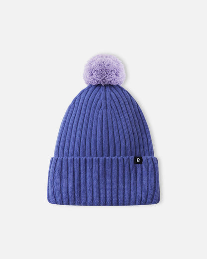 Alternate front flat lay view of the breezy violet Reima Topsu children's wool blend beanie, displaying the small woven black Reima logo tag on the wide folded brim designed for extra thermal insulation.