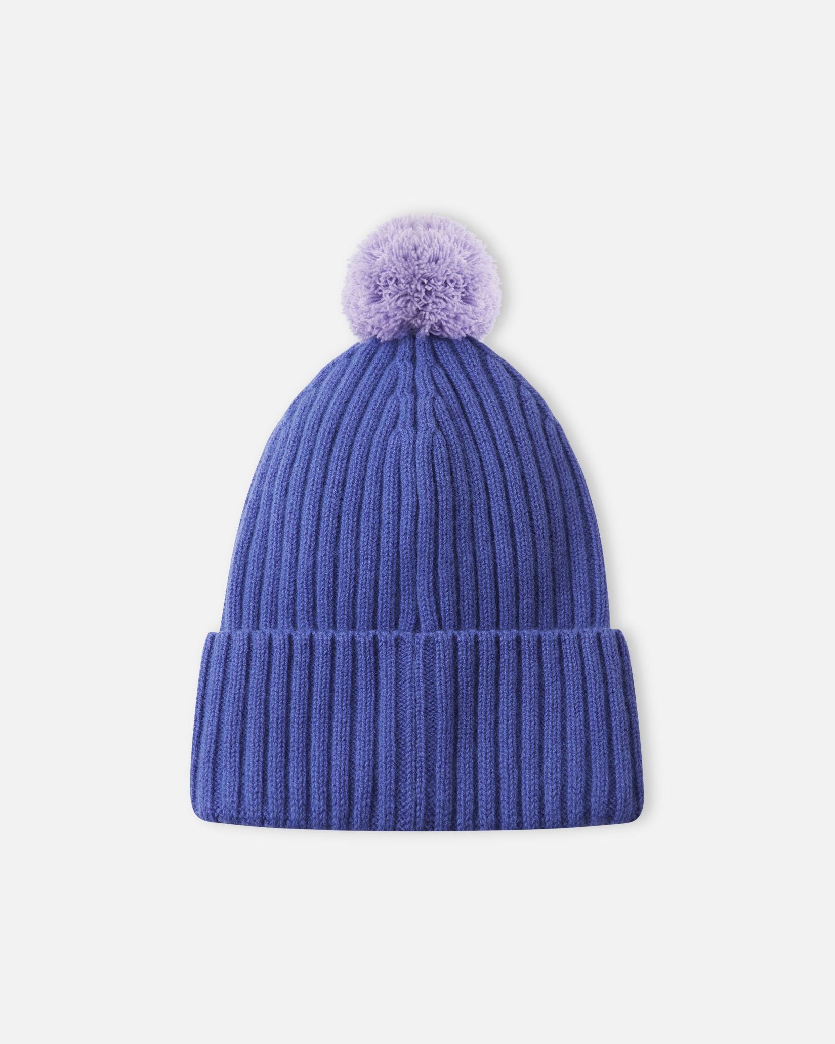 Back flat lay view of the breezy violet Reima Topsu kids' wool blend beanie, emphasizing the stretchy, breathable ribbed knit structure and the playful top-mounted pom-pom.