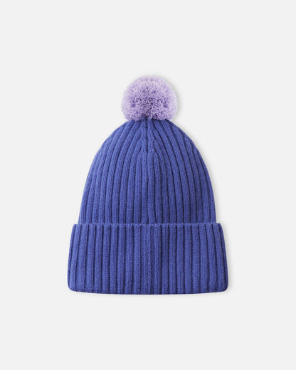 Back flat lay view of the breezy violet Reima Topsu kids' wool blend beanie, emphasizing the stretchy, breathable ribbed knit structure and the playful top-mounted pom-pom.