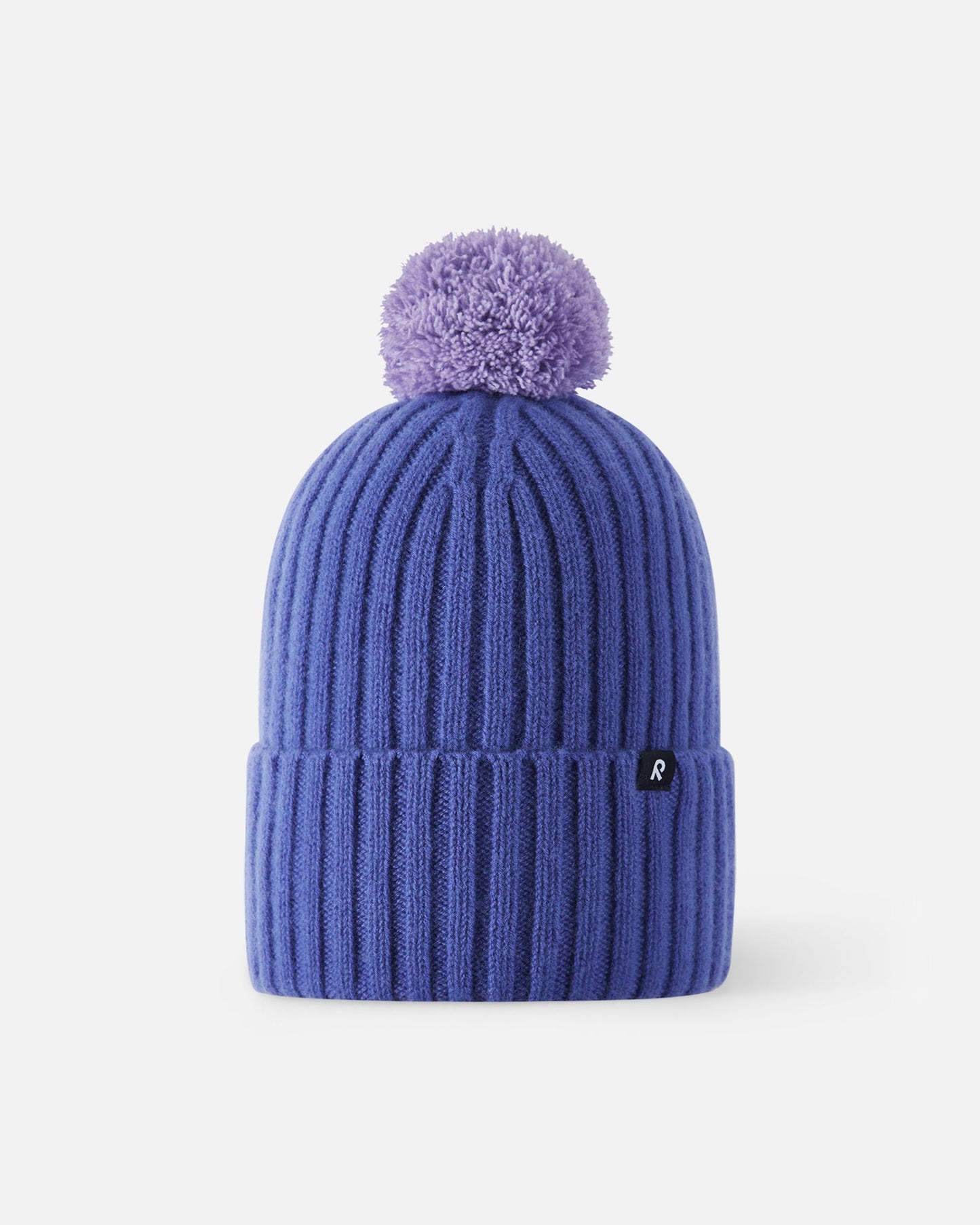 Front flat lay view of the breezy violet purple Reima Topsu kids' winter hat, featuring a premium wool-blend ribbed knit, a thick folded hem, and a matching fuzzy pom-pom.