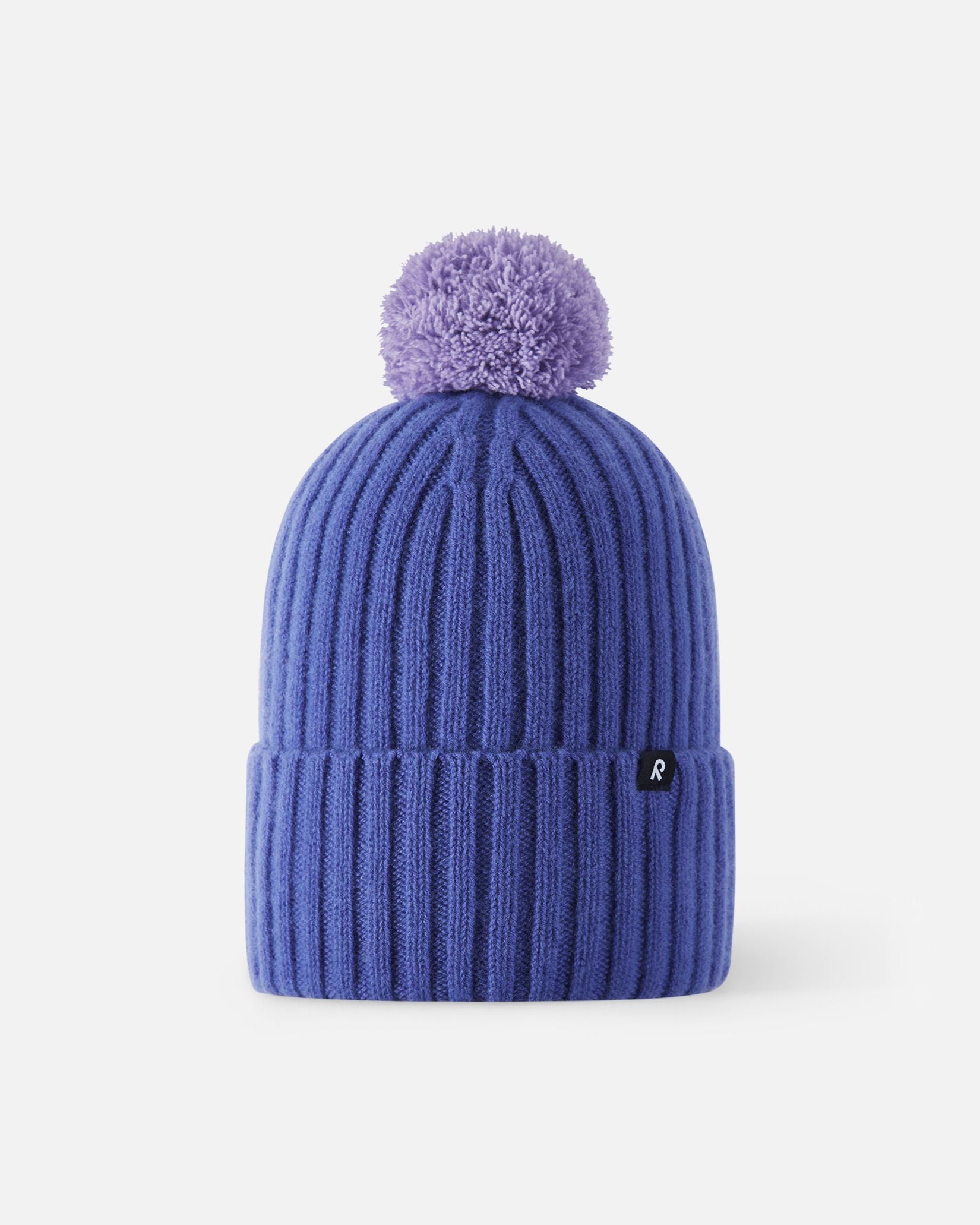 Front flat lay view of the breezy violet purple Reima Topsu kids' winter hat, featuring a premium wool-blend ribbed knit, a thick folded hem, and a matching fuzzy pom-pom.