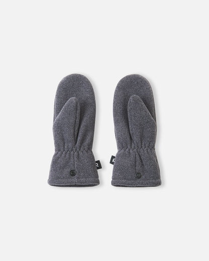 Flat lay view of the palms of the black melange Reima Tumpus kids' fleece mittens, showing the ergonomic thumb construction and practical snap fasteners at the cuffs.