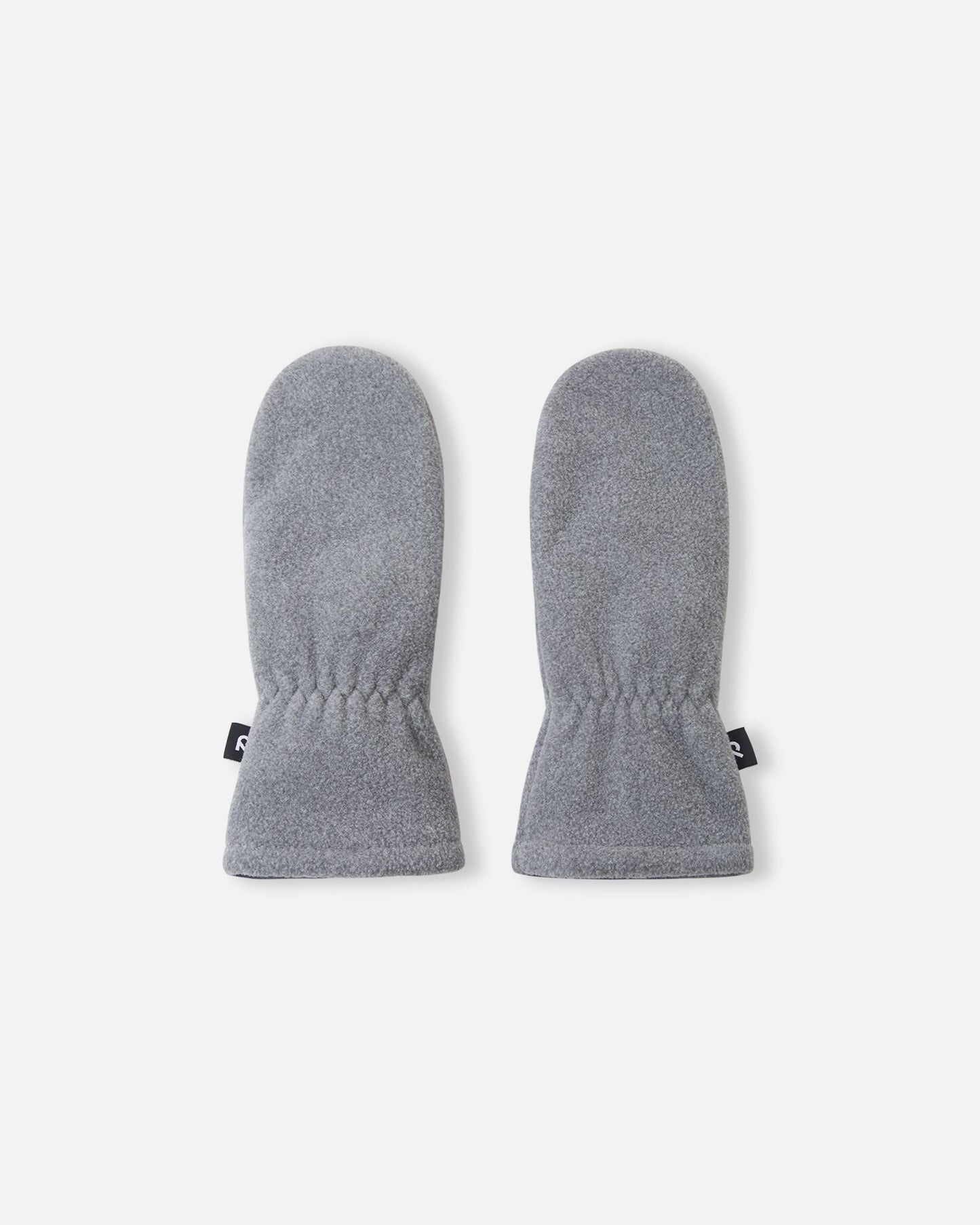 Flat lay view of the backs of the melange grey Reima Tumpus kids' fleece mittens, showing the soft, warm fabric and the gathered elastic wrist for a snug winter fit.