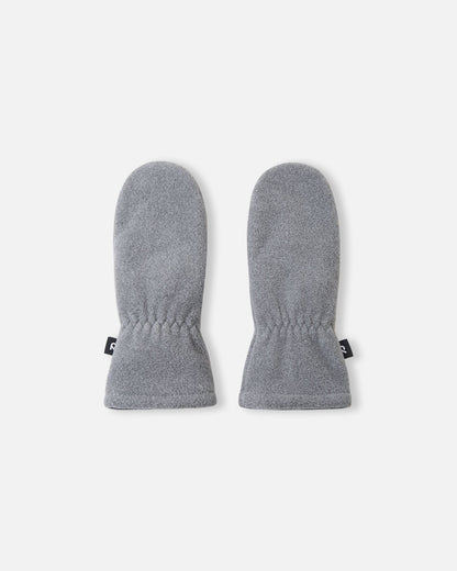 Flat lay view of the backs of the melange grey Reima Tumpus kids' fleece mittens, showing the soft, warm fabric and the gathered elastic wrist for a snug winter fit.