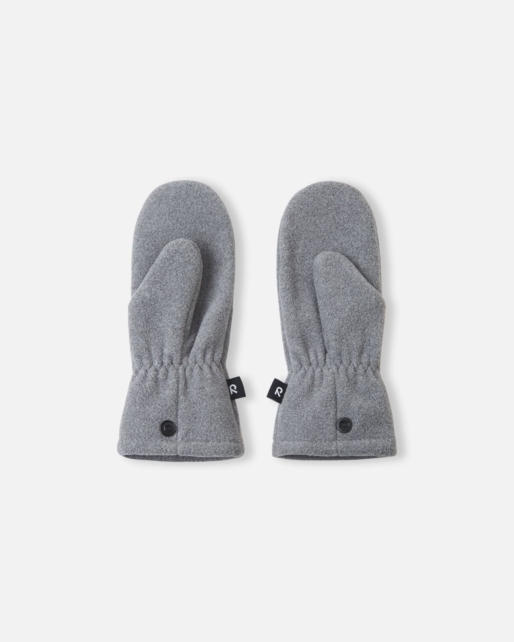 Flat lay view of the palms of the melange grey Reima Tumpus kids' fleece mittens, featuring a classic thumb design and secure snap closures at the cuffs.
