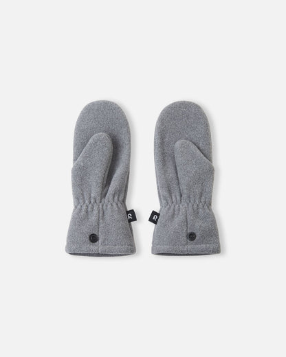 Flat lay view of the palms of the melange grey Reima Tumpus kids' fleece mittens, featuring a classic thumb design and secure snap closures at the cuffs.