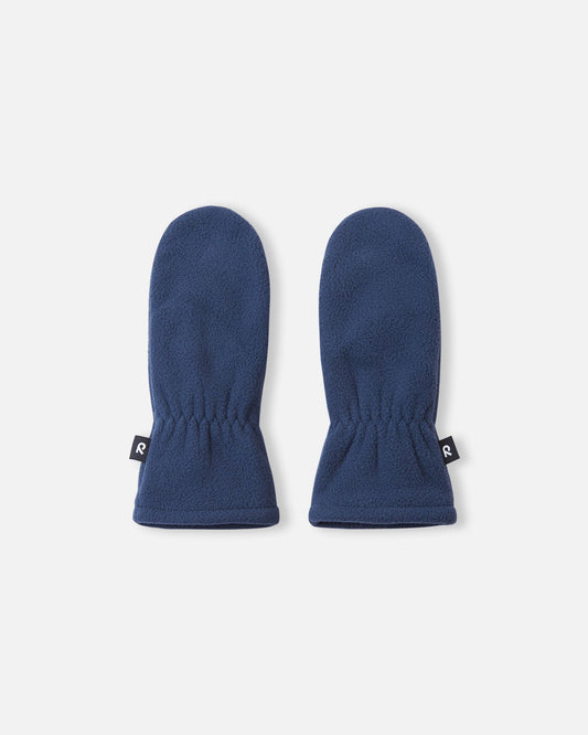 Flat lay view of the backs of the navy blue Reima Tumpus kids' fleece mittens, showcasing the soft texture and elastic wrists for comfortable everyday winter wear.