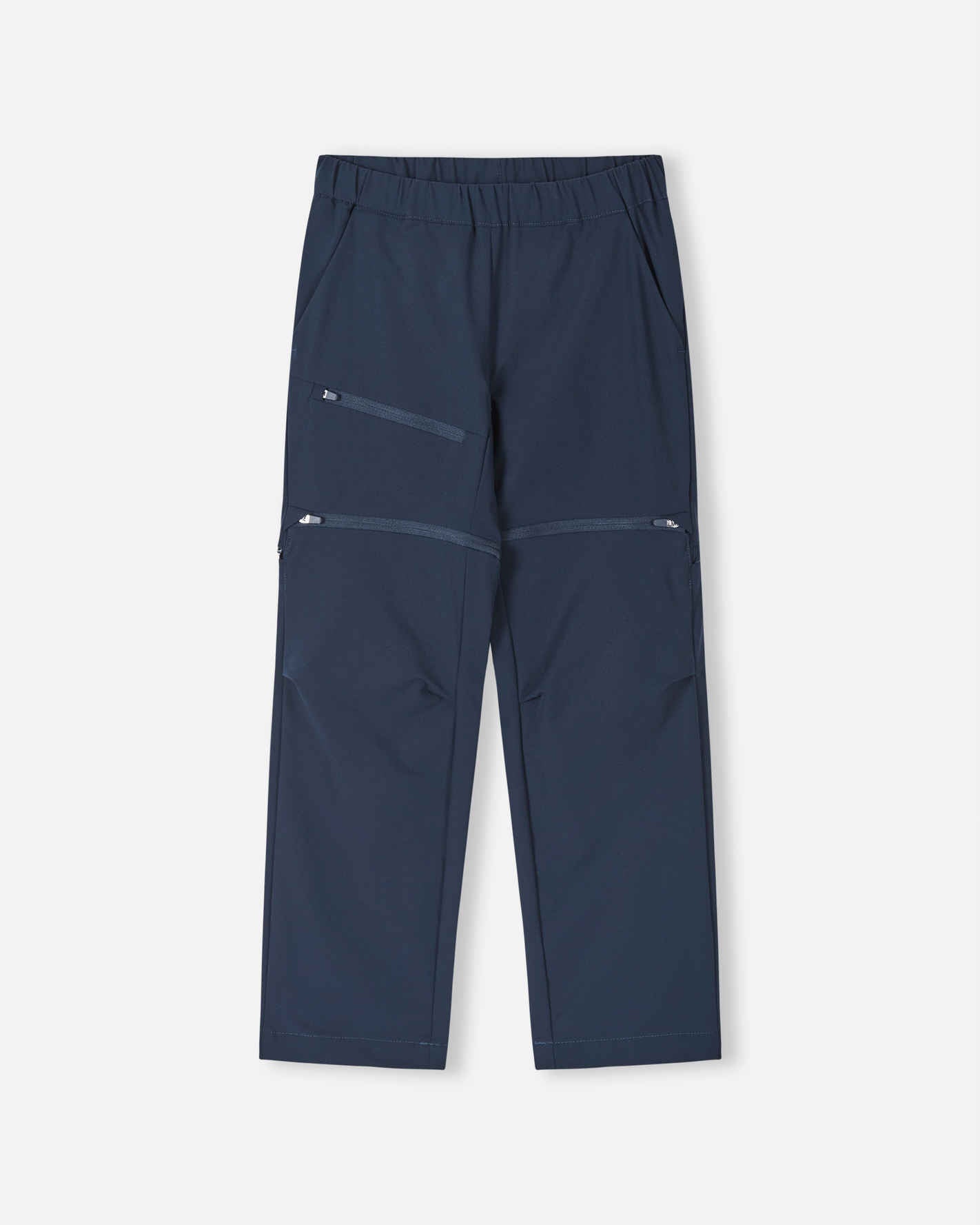 Front view of the Reima Tuplat kids' convertible hiking pants in classic navy blue, featuring an easy-pull elastic waist, an angled zip pocket on the thigh, and hidden zippers that convert the pants into active shorts.