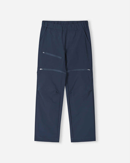 Front view of the Reima Tuplat kids' convertible hiking pants in classic navy blue, featuring an easy-pull elastic waist, an angled zip pocket on the thigh, and hidden zippers that convert the pants into active shorts.