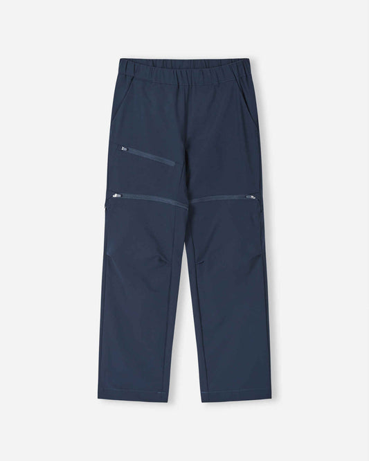 Front view of the Reima Tuplat kids' convertible hiking pants in classic navy blue, featuring an easy-pull elastic waist, an angled zip pocket on the thigh, and hidden zippers that convert the pants into active shorts.