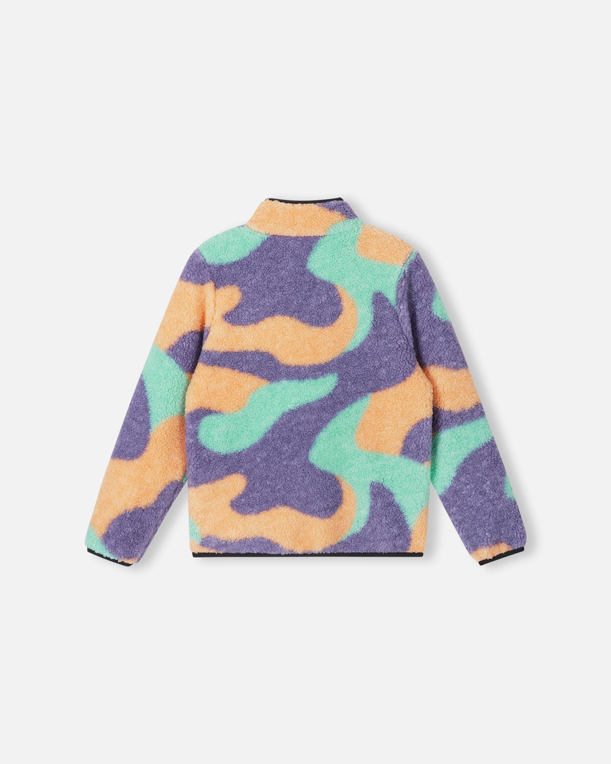 Back view of the apricot Reima Tupsis kids' fleece sweater, highlighting the all-over plush teddy fur material and the eye-catching, multi-color camouflage design.