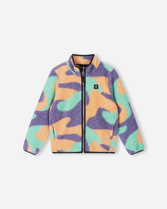Front view of the Reima Tupsis kids' teddy fleece jacket in apricot, showcasing a bright orange, purple, and mint green camo print, a full-zip closure, and a warm stand-up collar.