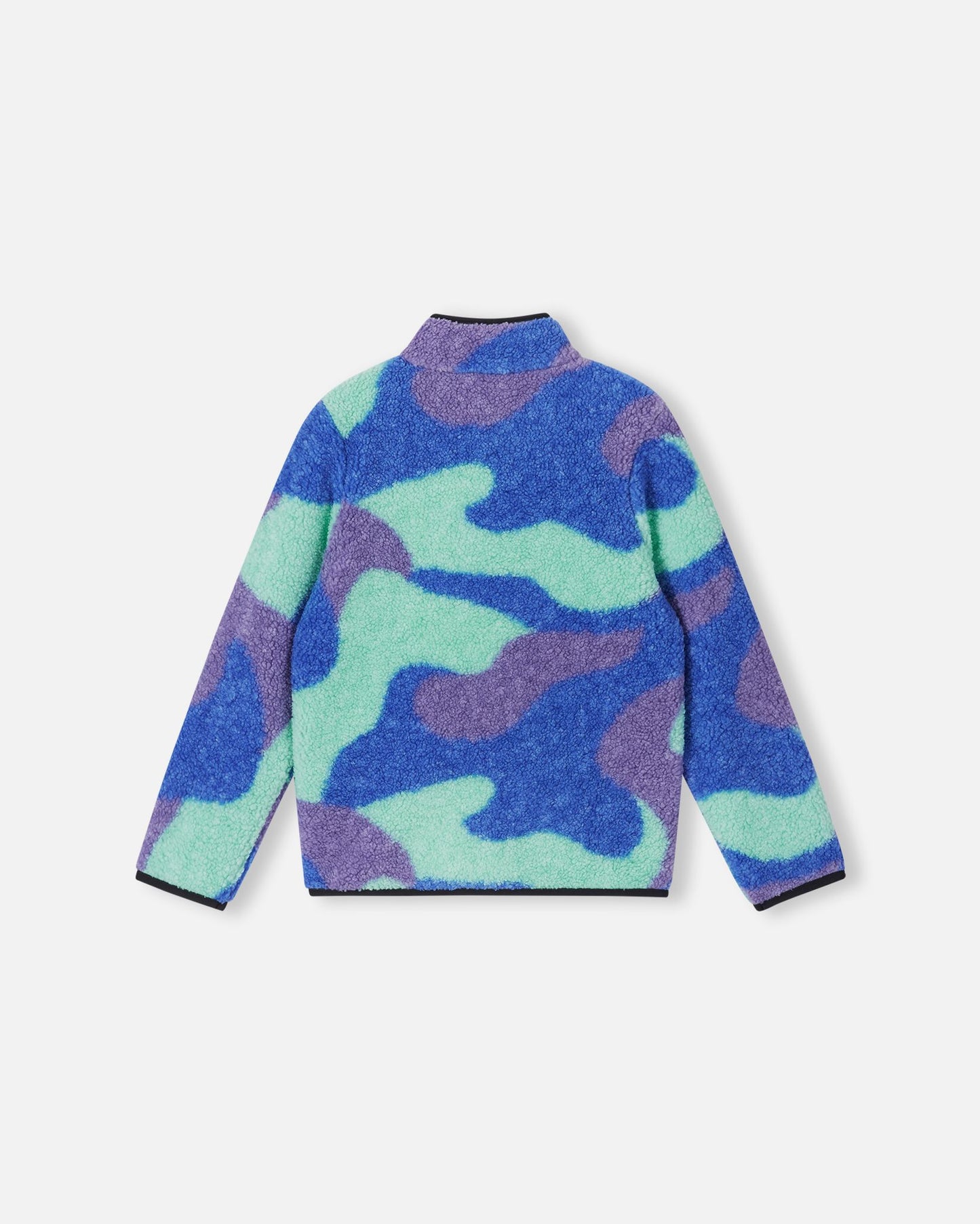 Back view of the sparkly blue Reima Tupsis kids' fleece sweater, showcasing the continuous soft teddy fur texture and the bold, multi-colored camouflage print.