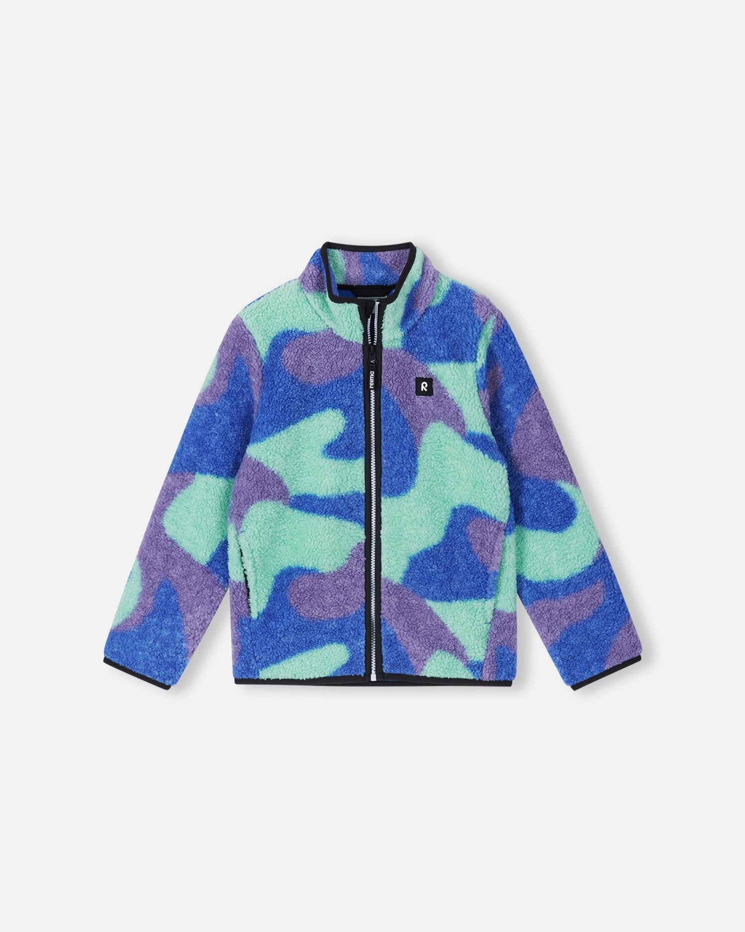 Front view of the Reima Tupsis kids' teddy fleece jacket in sparkly blue, featuring a vibrant blue, purple, and mint green camo pattern, a full-zip front, and a cozy high collar for cold weather.