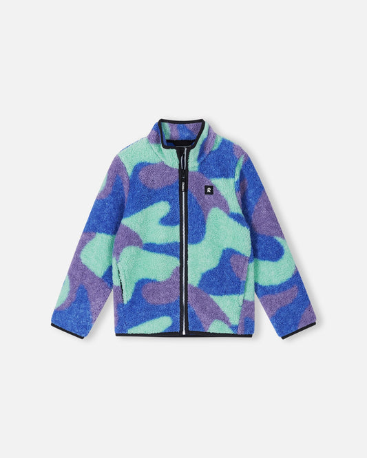 Front view of the Reima Tupsis kids' teddy fleece jacket in sparkly blue, featuring a vibrant blue, purple, and mint green camo pattern, a full-zip front, and a cozy high collar for cold weather.