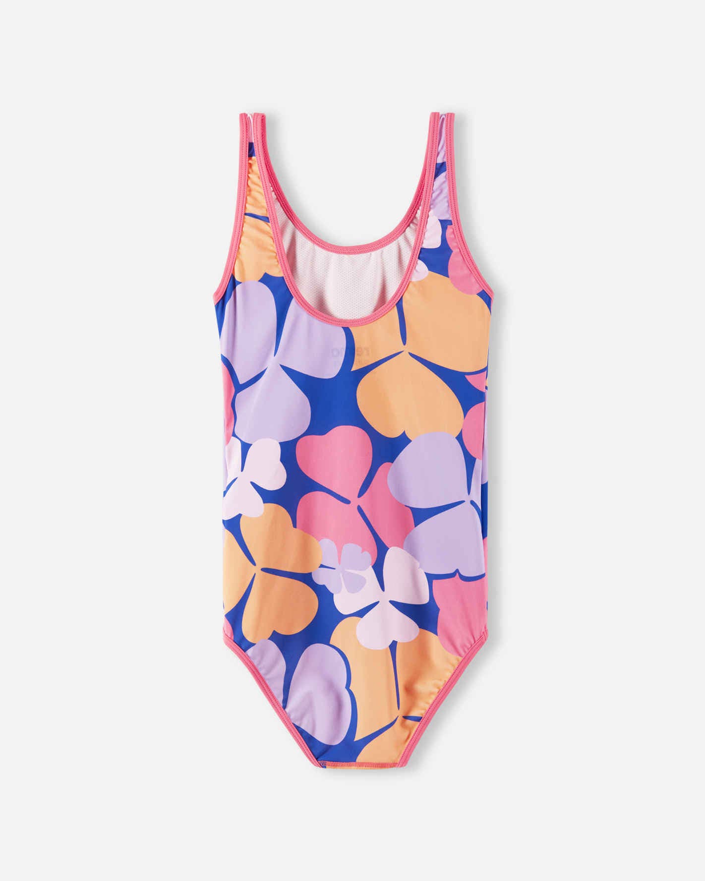 Back view of the soft coral Reima Uimaan girls' floral swimsuit, showcasing the classic scoop back design that allows for easy dressing and unrestricted movement during summer swimming.