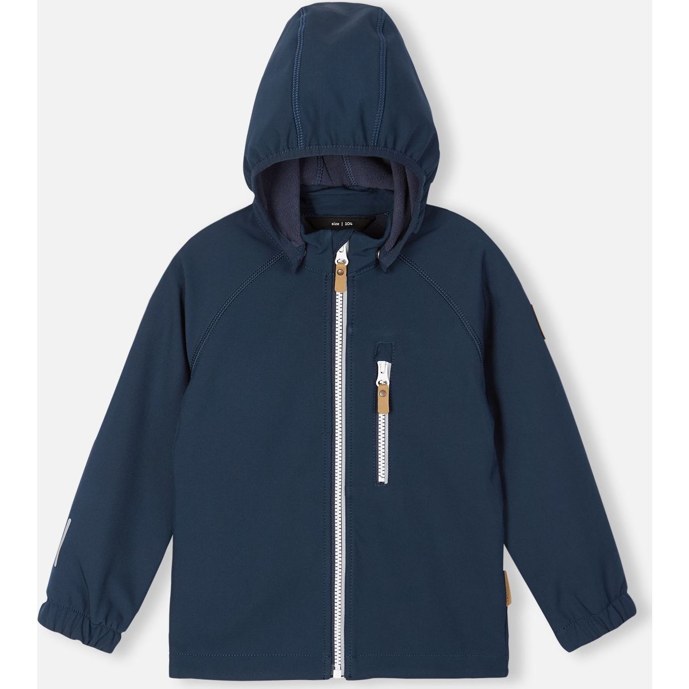 Front view of the Reima Vantti kids' navy softshell jacket with the protective hood up, highlighting the windproof exterior shell and snug elastic cuffs designed to keep the cold out.