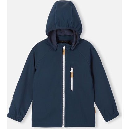 Front view of the Reima Vantti kids' navy softshell jacket with the protective hood up, highlighting the windproof exterior shell and snug elastic cuffs designed to keep the cold out.