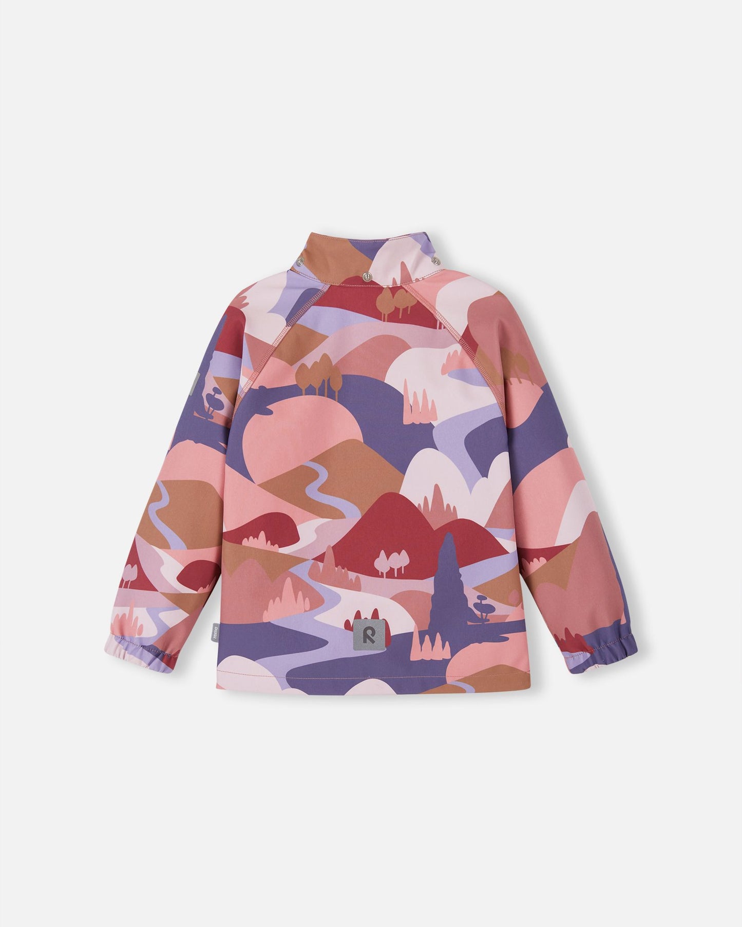 Back view of the Reima Vantti kids' rose blush softshell jacket with the detachable hood removed, displaying the clean stand-up collar with snap closures and reflective safety detail.