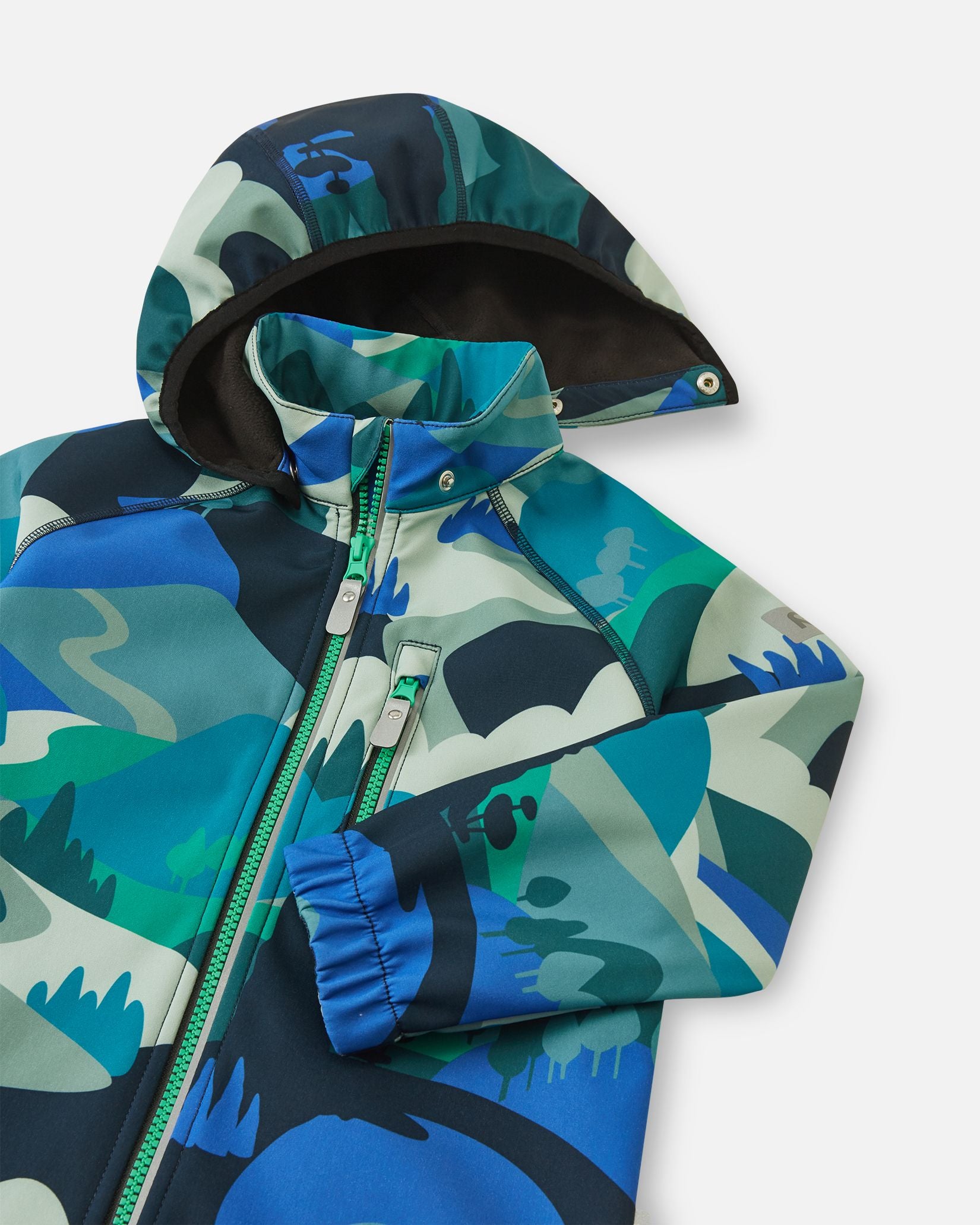 Close-up of the hood and high collar on the sparkly blue Reima Vantti kids' softshell jacket, highlighting the cozy, insulating black fleece lining designed for cold-weather protection.