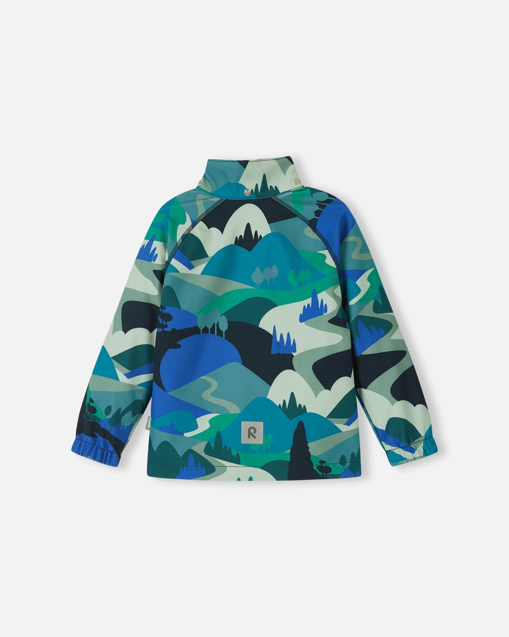 Back view of the Reima Vantti kids' sparkly blue softshell jacket with the detachable hood removed, displaying the clean stand-up collar with snap closures and reflective safety detail.