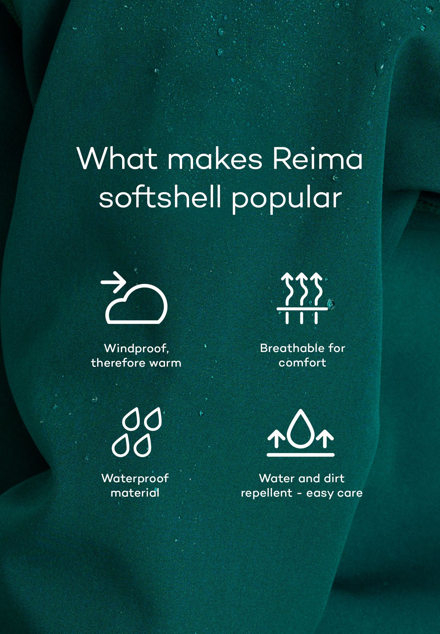 An infographic illustrating the key features of the Reima softshell material used in the Vantti jacket, highlighting that it is windproof, breathable for comfort, waterproof, and water and dirt repellent for easy care.
