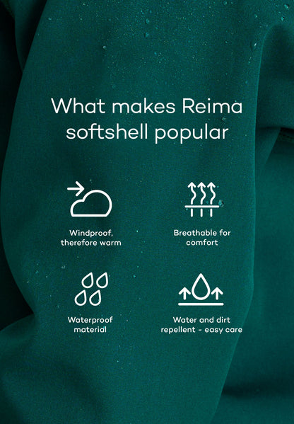 An infographic illustrating the key features of the Reima softshell material used in the Vantti jacket, highlighting that it is windproof, breathable for comfort, waterproof, and water and dirt repellent for easy care.