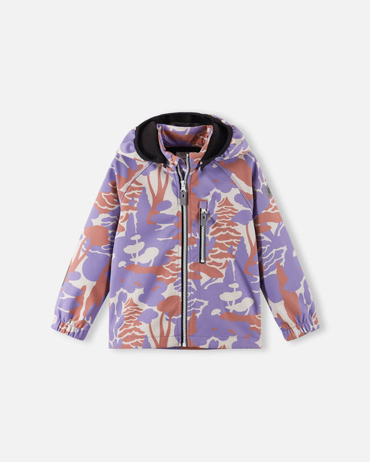 Front view of the Reima Vantti kids' waterproof softshell jacket in a blooming lilac forest print, featuring a full-zip front, a child-safe detachable hood, and a zippered chest pocket for transitional spring weather.