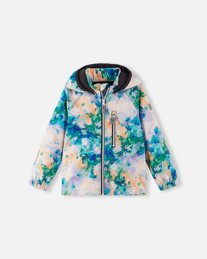 Front view of the Reima Vantti kids' waterproof softshell jacket in a fresh blue floral print, featuring a full front zipper, a child-safe detachable hood, and a zippered chest pocket for transitional spring weather.