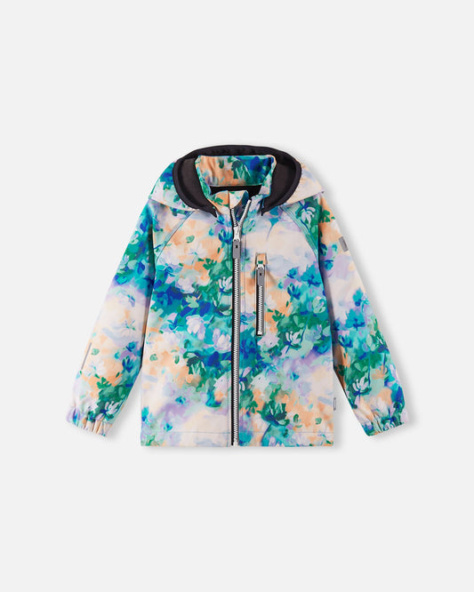 Front view of the Reima Vantti kids' waterproof softshell jacket in a fresh blue floral print, featuring a full front zipper, a child-safe detachable hood, and a zippered chest pocket for transitional spring weather.