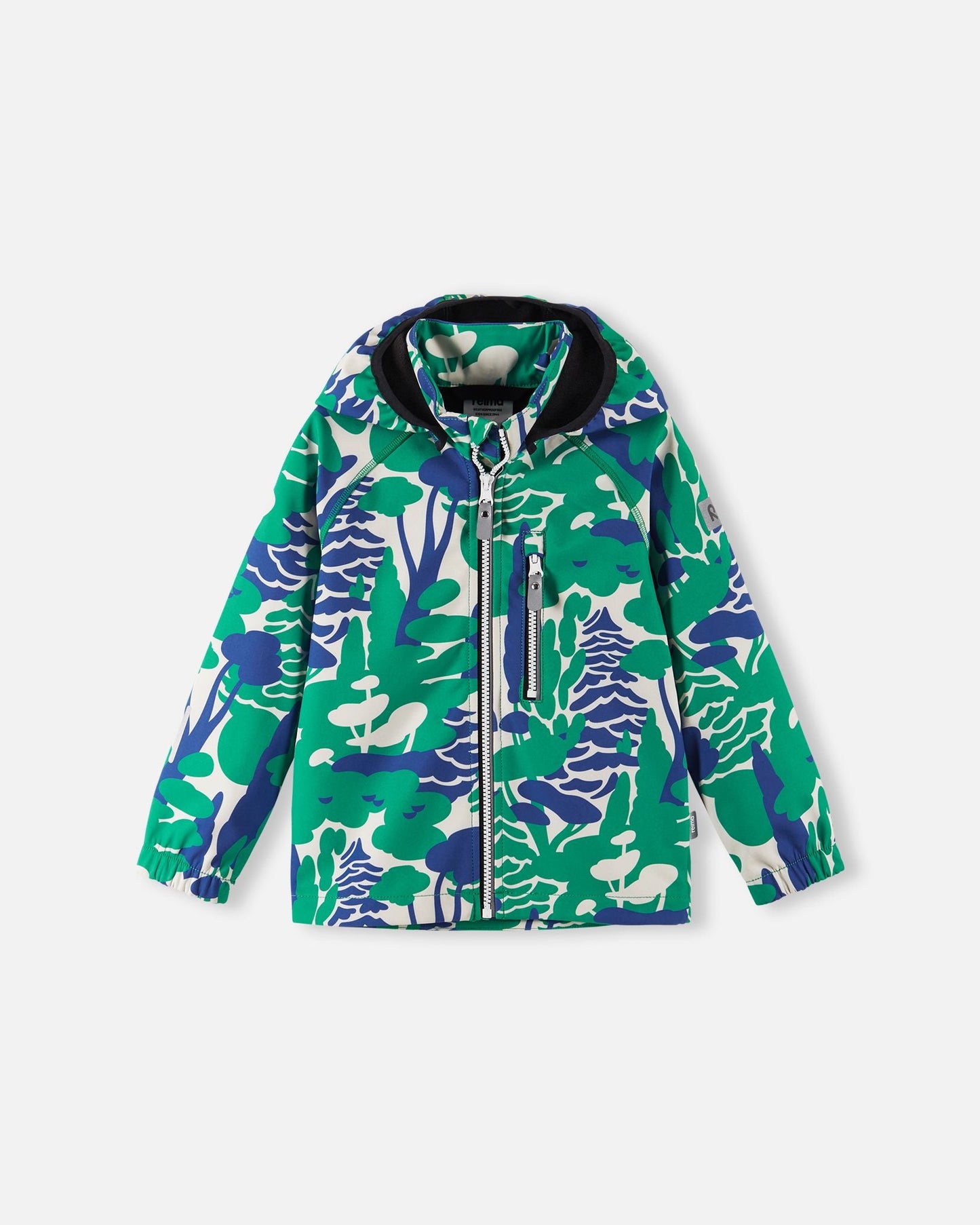 Front view of the Reima Vantti kids' waterproof softshell jacket featuring a vibrant green and blue forest print, a full-zip front, a child-safe detachable hood, and a zippered chest pocket for outdoor play.
