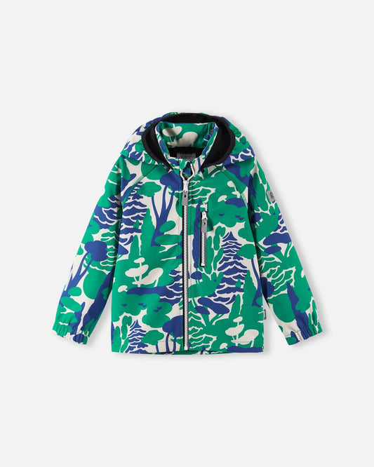 Front view of the Reima Vantti kids' waterproof softshell jacket featuring a vibrant green and blue forest print, a full-zip front, a child-safe detachable hood, and a zippered chest pocket for outdoor play.