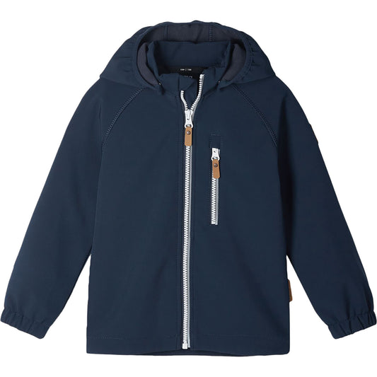 Front view of the Reima Vantti kids' waterproof softshell jacket in navy blue, featuring a full front zipper, a safe detachable hood, and a zippered chest pocket designed for transitional spring and autumn weather.