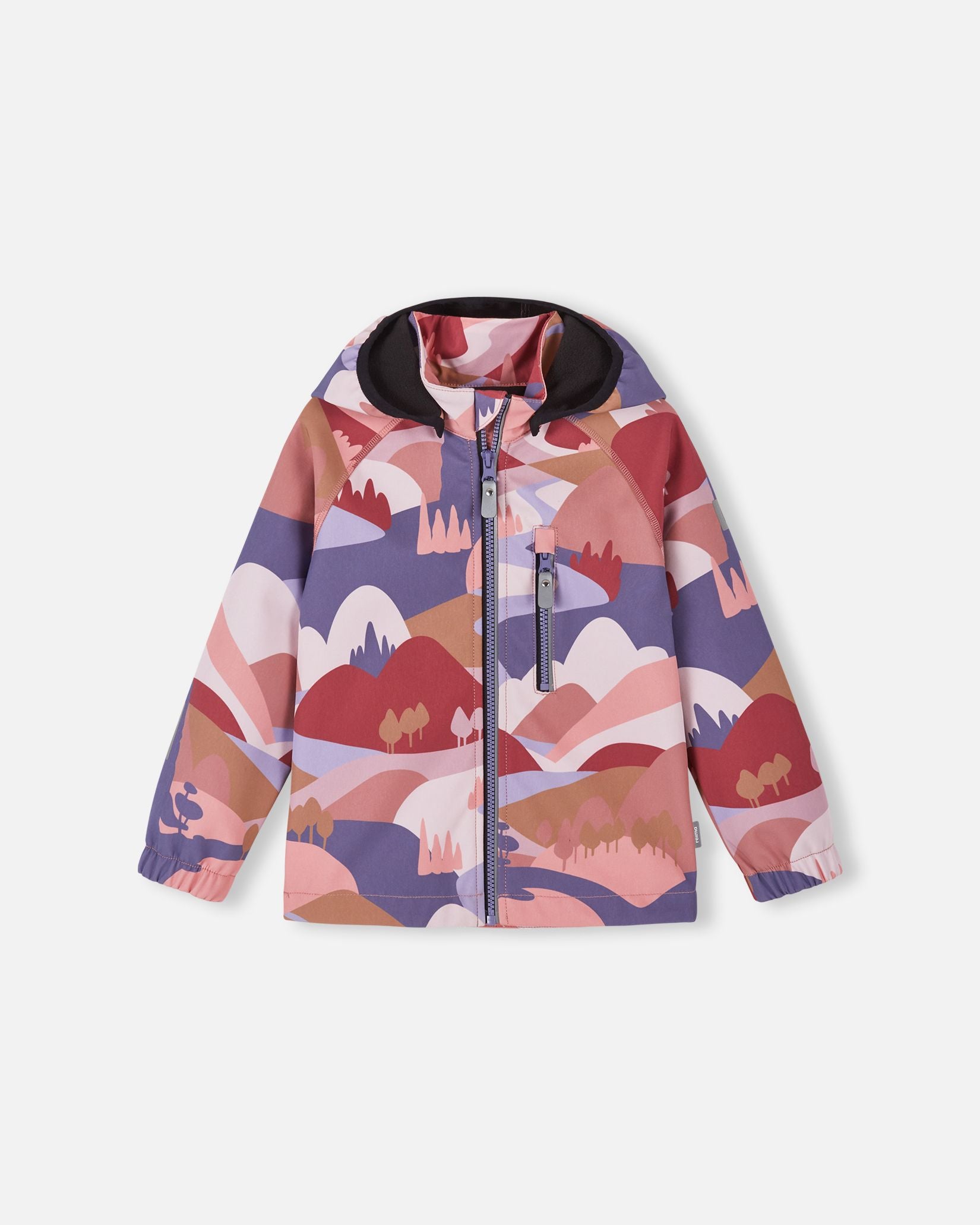Front view of the Reima Vantti kids' waterproof softshell jacket in a rose blush mountain landscape print, featuring a full-zip front, a child-safe detachable hood, and a zippered chest pocket for spring and autumn weather.