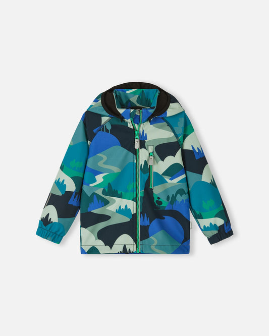 Front view of the Reima Vantti kids' waterproof softshell jacket in a sparkly blue mountain landscape print, featuring a full-zip front, a child-safe detachable hood, and a zippered chest pocket.