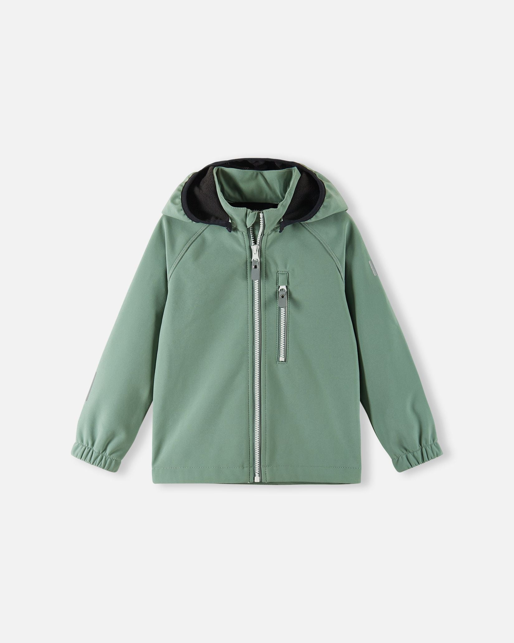 Front view of the Reima Vantti kids' waterproof softshell jacket in stone green, featuring a full-zip front, a child-safe detachable hood, and a zippered chest pocket for transitional spring weather.