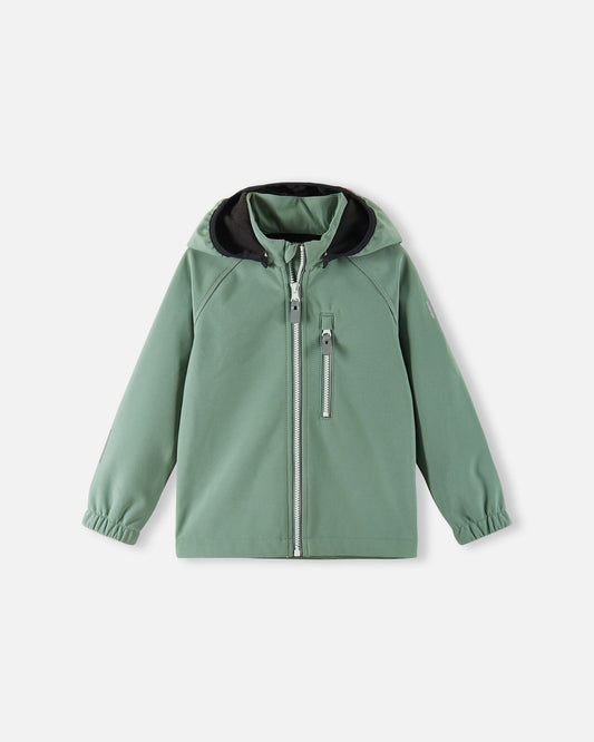 Front view of the Reima Vantti kids' waterproof softshell jacket in stone green, featuring a full-zip front, a child-safe detachable hood, and a zippered chest pocket for transitional spring weather.
