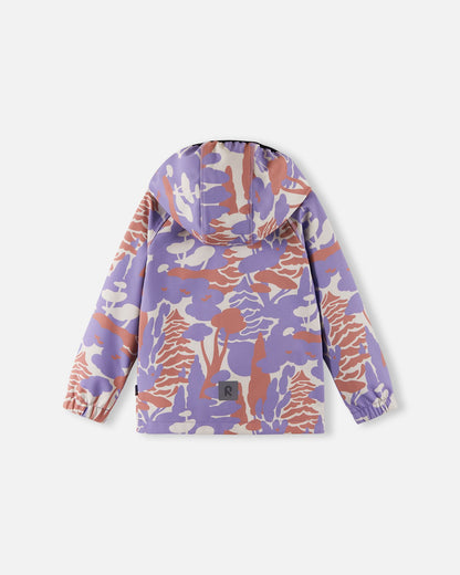 Back view of the blooming lilac forest print Reima Vantti kids' softshell jacket, showcasing a comfortable active fit, a protective hood, and a highly visible reflective safety patch at the lower hem.