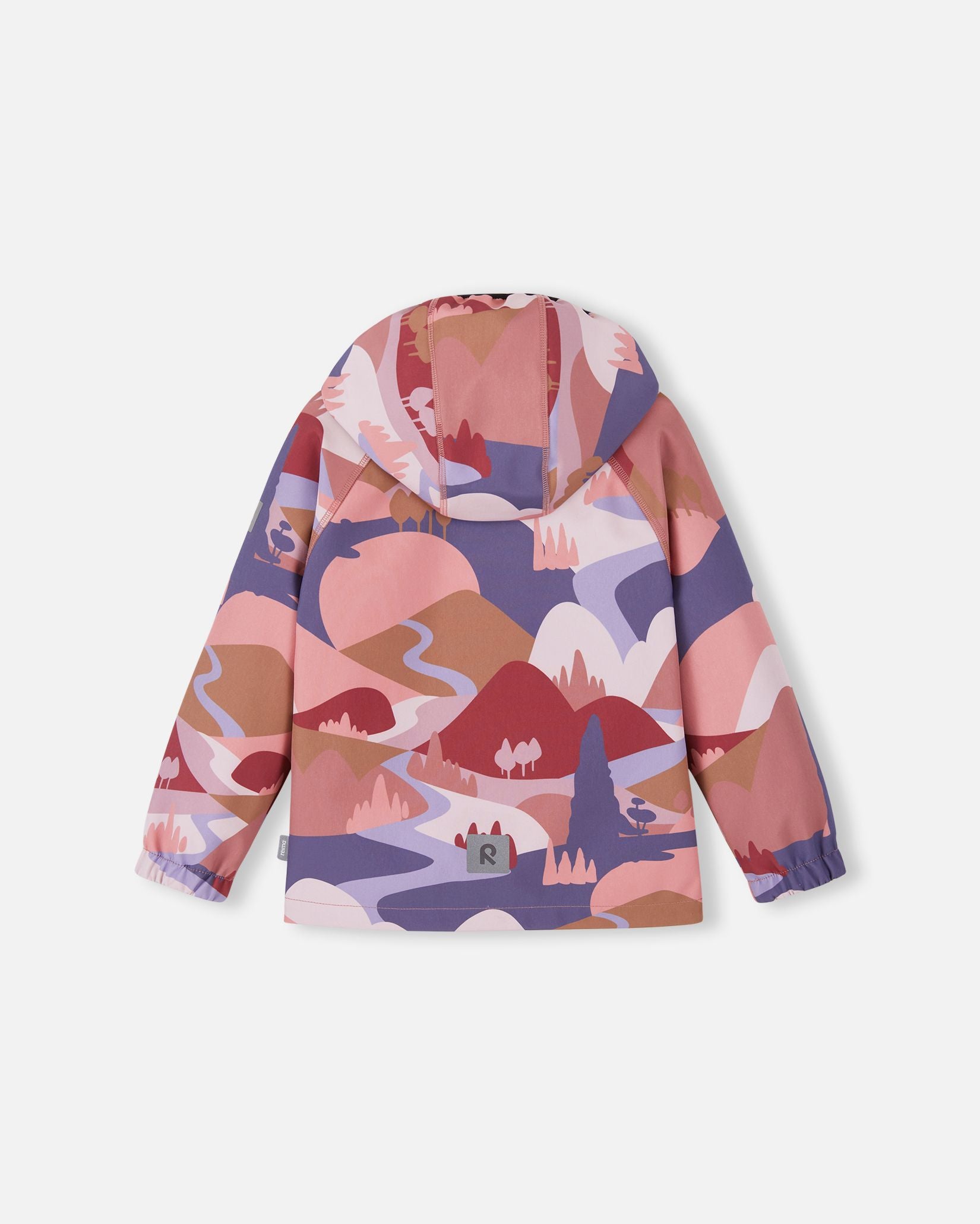 Back view of the rose blush Reima Vantti kids' softshell jacket with hood attached, showcasing the colorful mountain print, raglan sleeves, and a reflective safety patch at the lower hem.