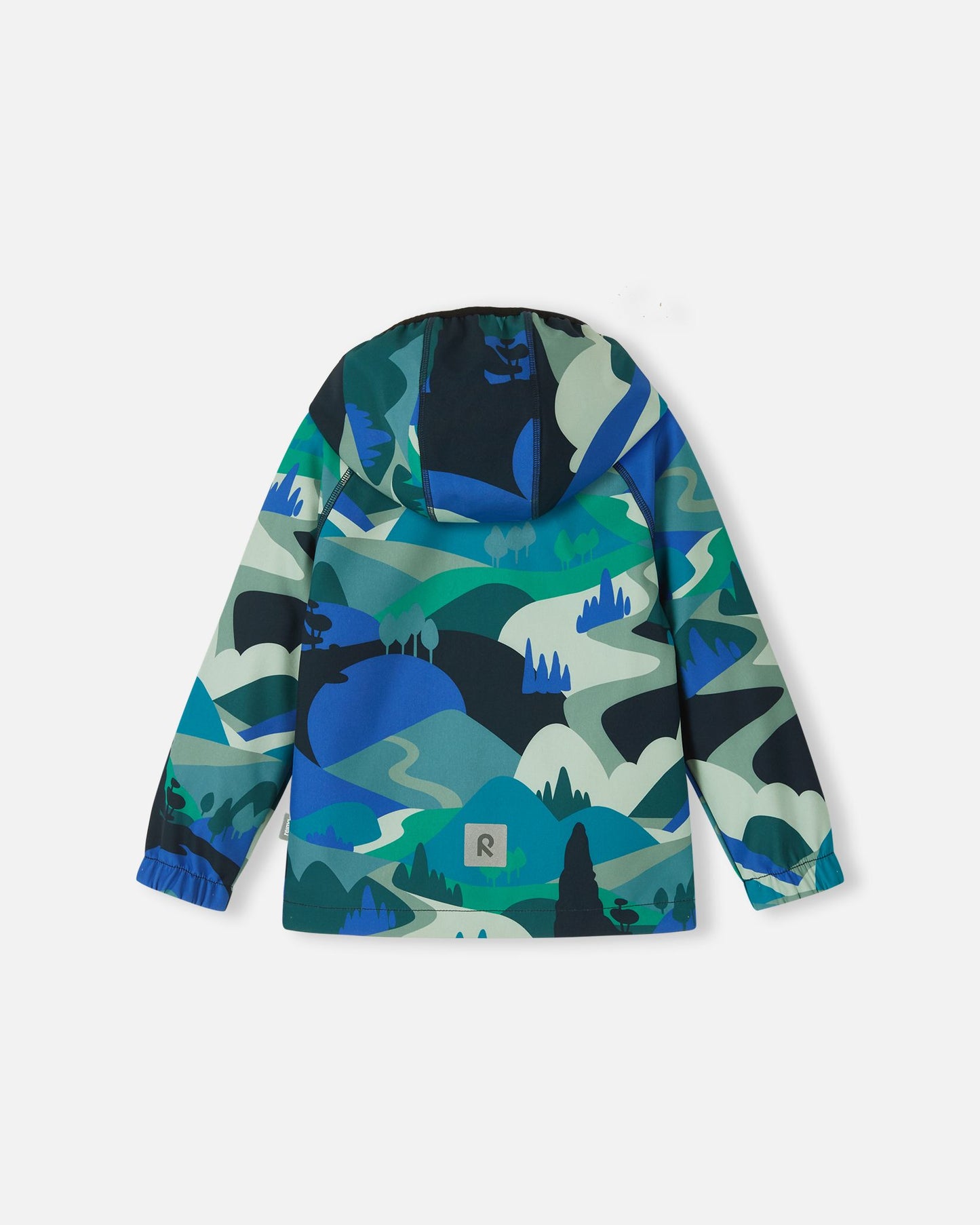 Back view of the sparkly blue Reima Vantti kids' softshell jacket with hood attached, showcasing the vibrant blue and green mountain print, raglan sleeves, and a reflective safety patch at the lower hem.