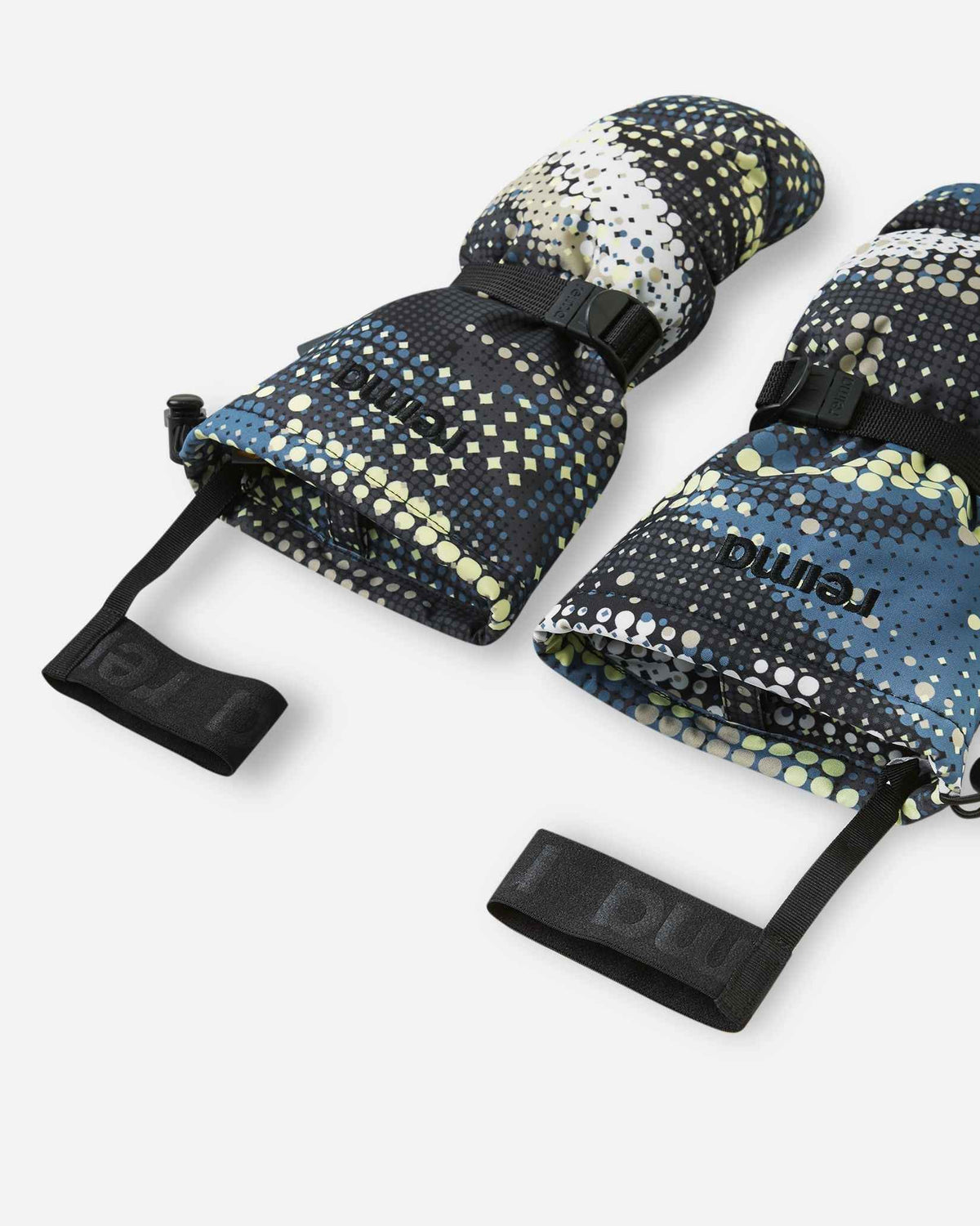 Angled flat lay view of the open cuffs on the soft black Reima Vanukko children's ski mittens, showing the wide opening for easy layering over winter coats and the attached elastic safety wrist leashes to prevent lost mittens.
