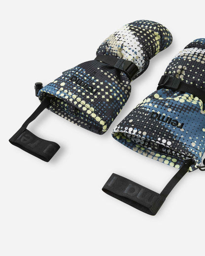 Angled flat lay view of the open cuffs on the soft black Reima Vanukko children's ski mittens, showing the wide opening for easy layering over winter coats and the attached elastic safety wrist leashes to prevent lost mittens.